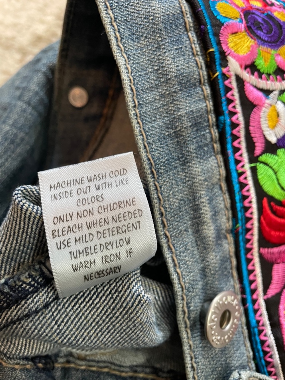 Upcycled Dollhouse Cropped Distressed Denim Jacket with Bird Hmong embroidery M - Picture 15 of 15